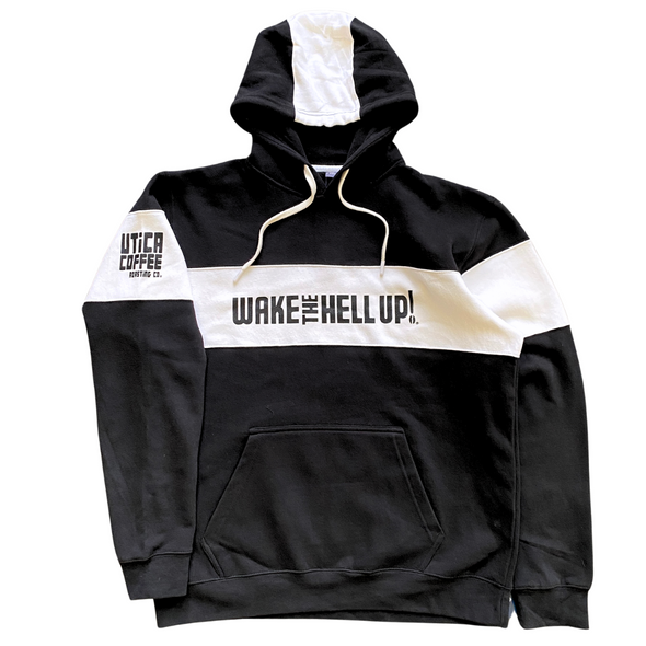 Wake The Hell Up! Black & White Stripe Varsity Hoodie