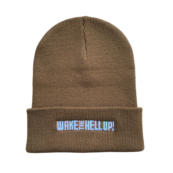 Wake the Hell Up! Embroidered Brown Knit Beanie