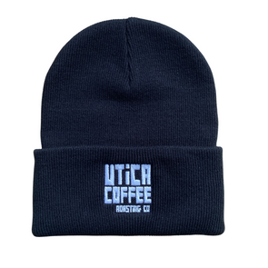 Utica Coffee Embroidered Black Knit Beanie