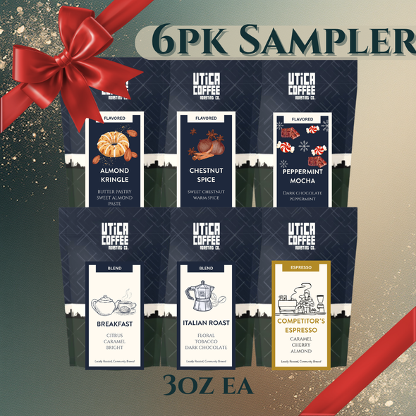 6PK Sampler of Utica Coffee with various flavors and a red bow on a decorative background