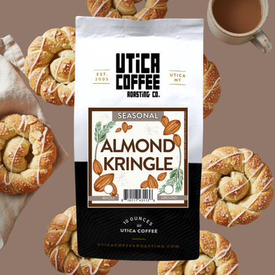 UTICA COFFEE ROASTING CO. almond kringle coffee package with pastries in the background